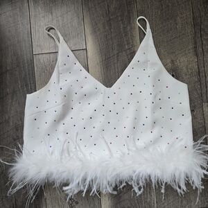White Feather Trim Crop Top
